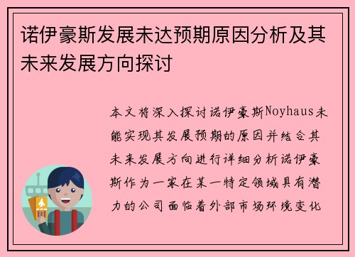 诺伊豪斯发展未达预期原因分析及其未来发展方向探讨 诺伊豪斯发展未达预期原因分析及其未来发展方向探讨
