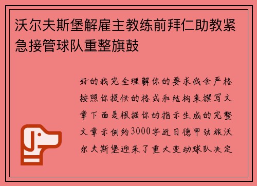 沃尔夫斯堡解雇主教练前拜仁助教紧急接管球队重整旗鼓